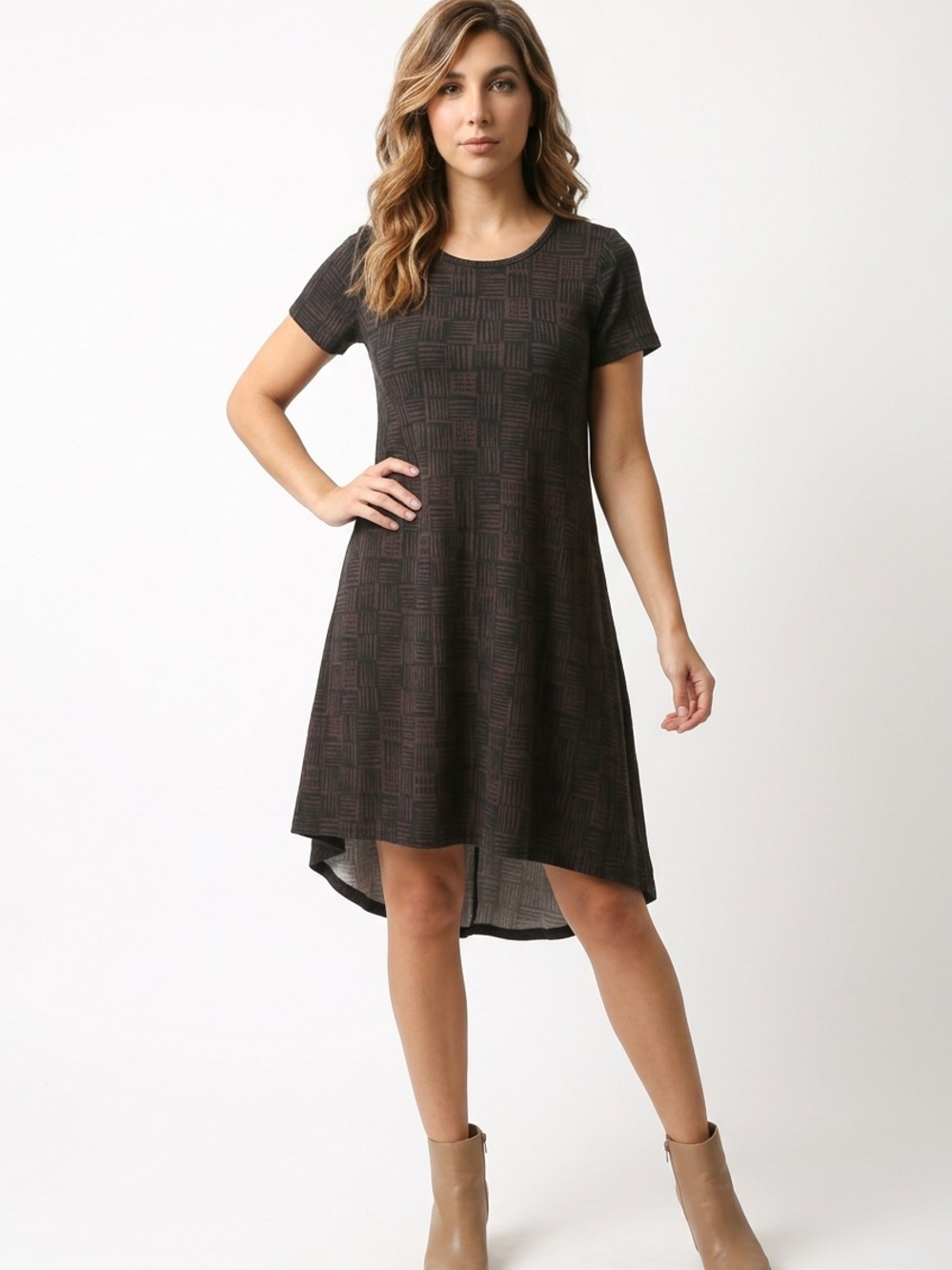 Casual Short Sleeve Brown Patterned Swing Dress Carly size xs